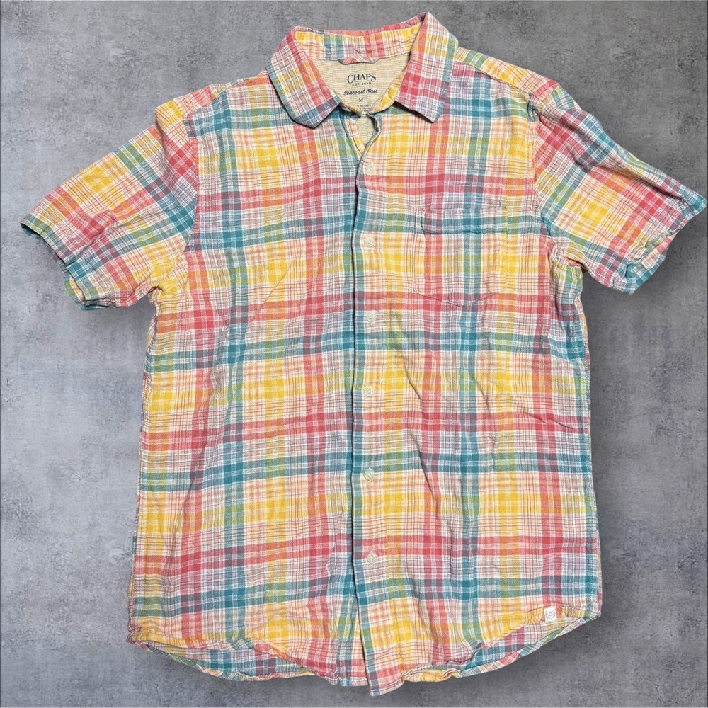 Chaps Seacoast Wash Short Sleeve Plaid Multi Shirt Linen Blend Men's‎ Size M